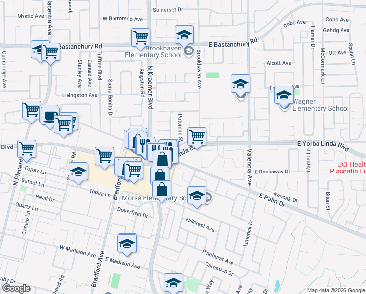 map of restaurants, bars, coffee shops, grocery stores, and more near 1507 Potomac Street in Placentia