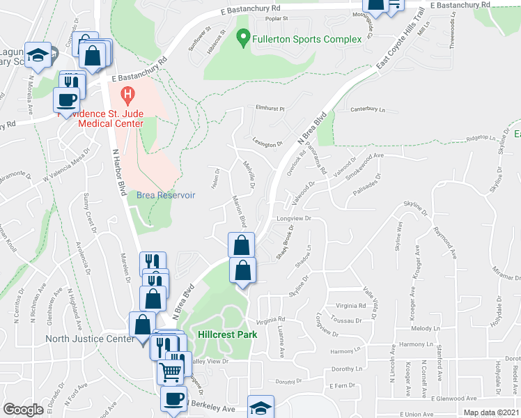 map of restaurants, bars, coffee shops, grocery stores, and more near 110 Melville Drive in Fullerton