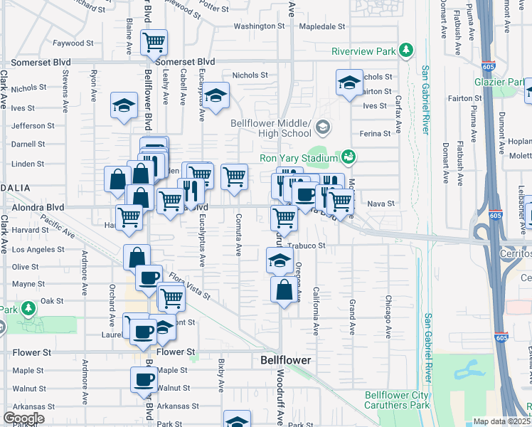 map of restaurants, bars, coffee shops, grocery stores, and more near in Bellflower