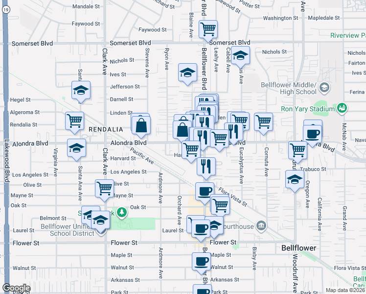 map of restaurants, bars, coffee shops, grocery stores, and more near 9727 Alondra Boulevard in Bellflower