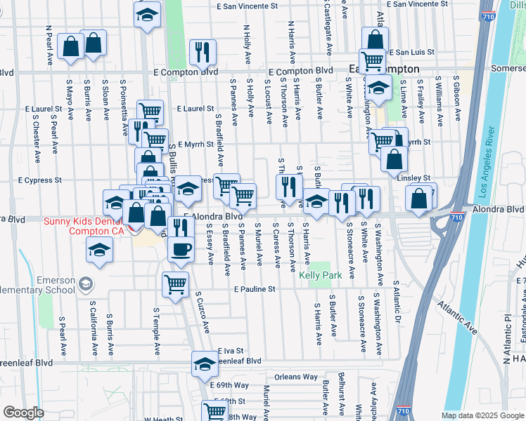 map of restaurants, bars, coffee shops, grocery stores, and more near 807 South Holly Avenue in Compton
