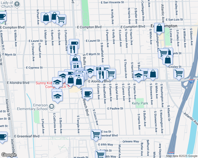 map of restaurants, bars, coffee shops, grocery stores, and more near 807 South Essey Avenue in Compton