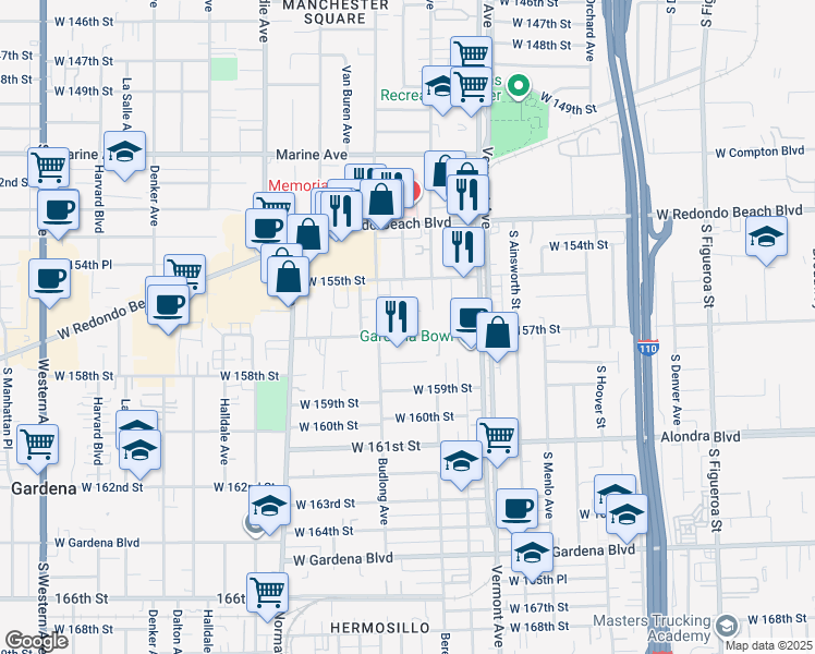 map of restaurants, bars, coffee shops, grocery stores, and more near 15609 Berendo Avenue in Gardena