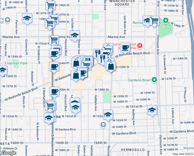 map of restaurants, bars, coffee shops, grocery stores, and more near 1475 West 157th Street in Gardena