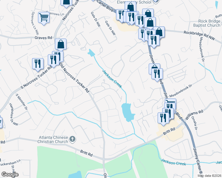 map of restaurants, bars, coffee shops, grocery stores, and more near 6399 Wedgewood Trce in Tucker