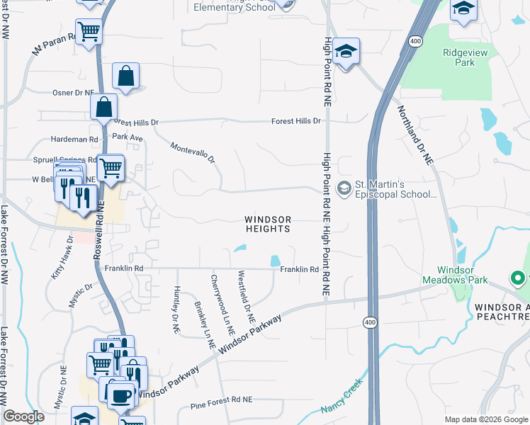 map of restaurants, bars, coffee shops, grocery stores, and more near 480 Highbrook Drive Northeast in Atlanta