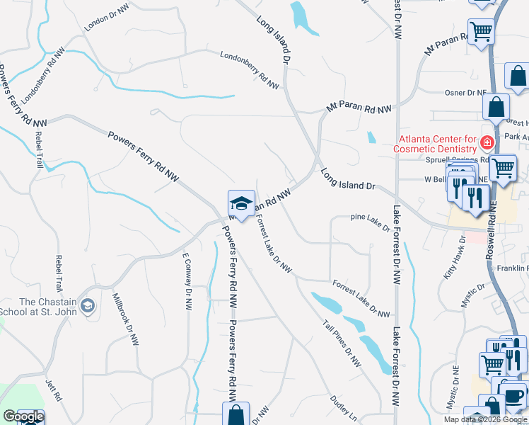 map of restaurants, bars, coffee shops, grocery stores, and more near 265 Mount Paran Road Northwest in Atlanta