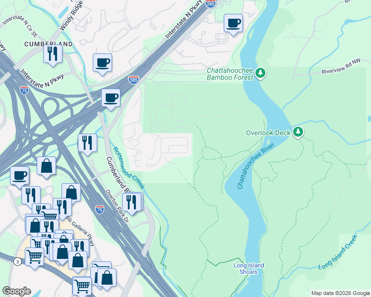map of restaurants, bars, coffee shops, grocery stores, and more near 3543 Chattahoochee Summit Lane Southeast in Atlanta