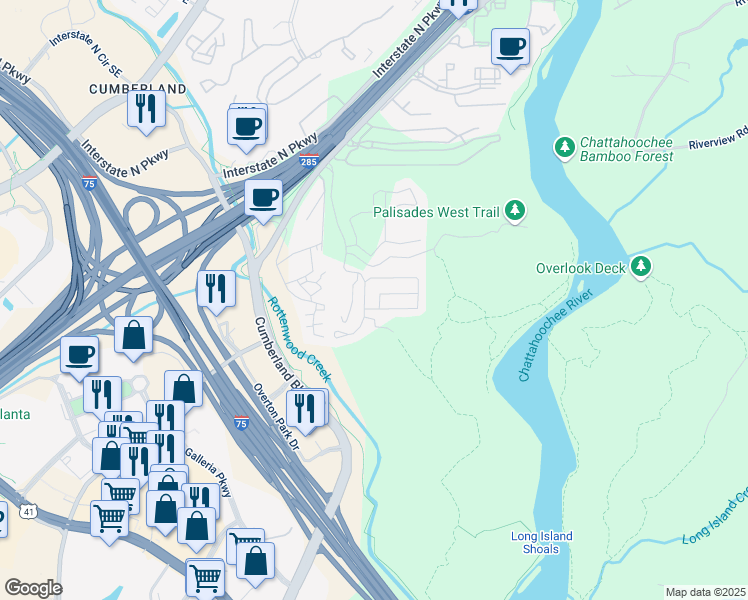 map of restaurants, bars, coffee shops, grocery stores, and more near 3505 Chattahoochee Summit Lane Southeast in Atlanta