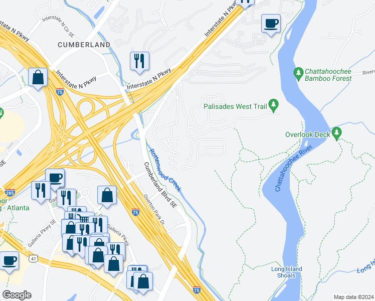 map of restaurants, bars, coffee shops, grocery stores, and more near 1206 Highland Bluff Drive South East in Atlanta