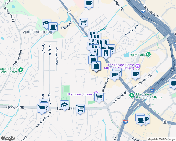 map of restaurants, bars, coffee shops, grocery stores, and more near 5110 Afton Way in Smyrna