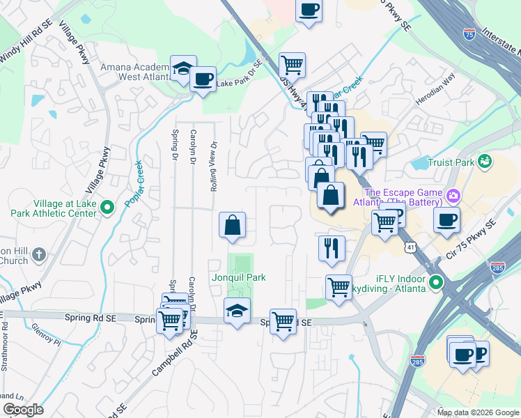 map of restaurants, bars, coffee shops, grocery stores, and more near 5158 Afton Way in Smyrna