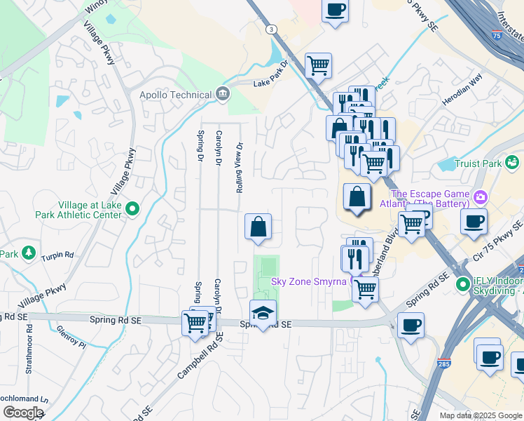 map of restaurants, bars, coffee shops, grocery stores, and more near 1350 Overlook Cove Southeast in Smyrna