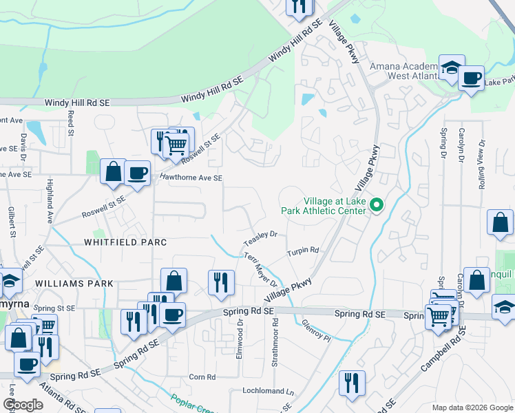 map of restaurants, bars, coffee shops, grocery stores, and more near 2586 Bates Street Southeast in Smyrna