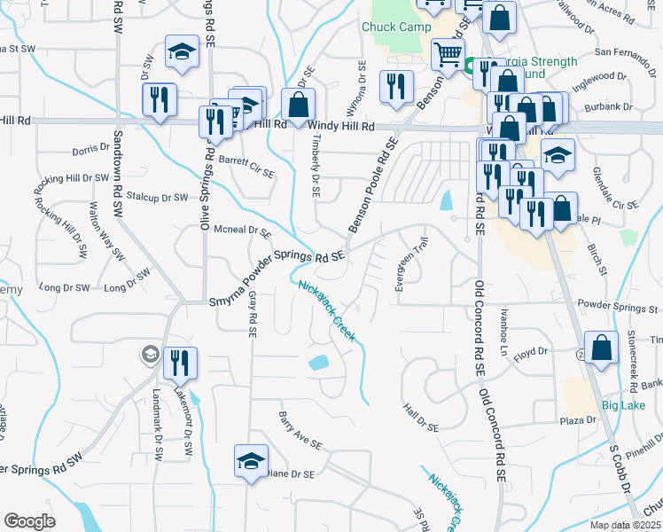 map of restaurants, bars, coffee shops, grocery stores, and more near 195 Smyrna Powder Springs Road Southeast in Smyrna