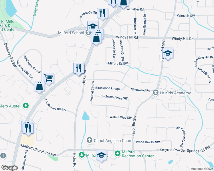map of restaurants, bars, coffee shops, grocery stores, and more near 718 Birchwood Lane Southwest in Marietta