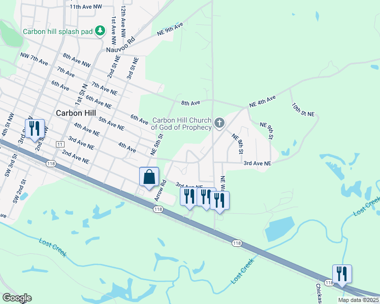 map of restaurants, bars, coffee shops, grocery stores, and more near 71 Forest Ridge Circle in Carbon Hill