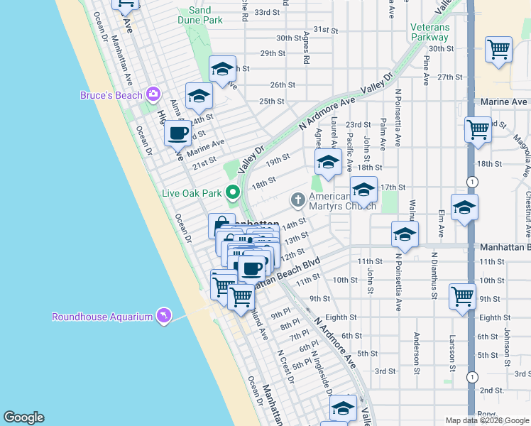 map of restaurants, bars, coffee shops, grocery stores, and more near 524 17th Street in Manhattan Beach