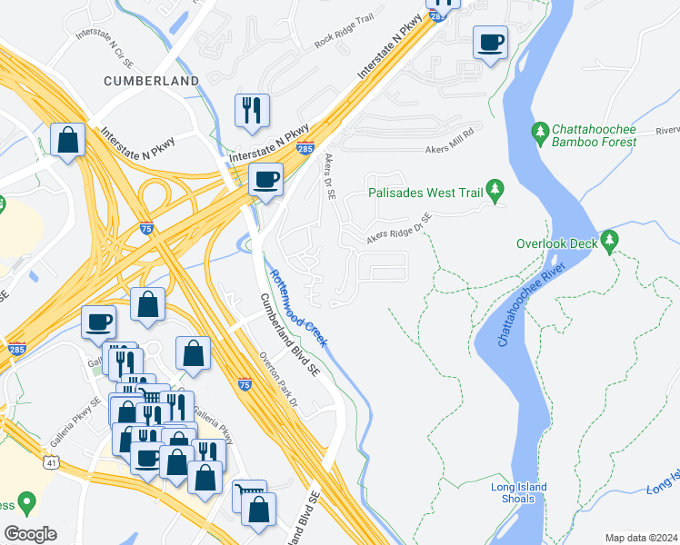 map of restaurants, bars, coffee shops, grocery stores, and more near 1206 Highland Bluff Drive South East in Atlanta