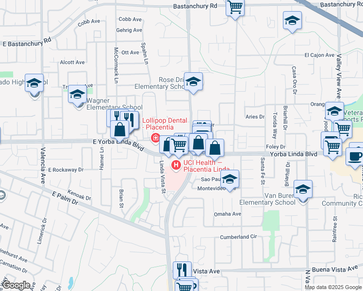 map of restaurants, bars, coffee shops, grocery stores, and more near 4942 Gem Lane in Yorba Linda