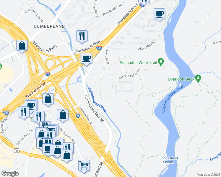 map of restaurants, bars, coffee shops, grocery stores, and more near 1206 Highland Bluff Drive South East in Atlanta