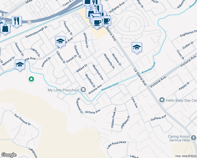 map of restaurants, bars, coffee shops, grocery stores, and more near 3047 Edwards Place in Riverside