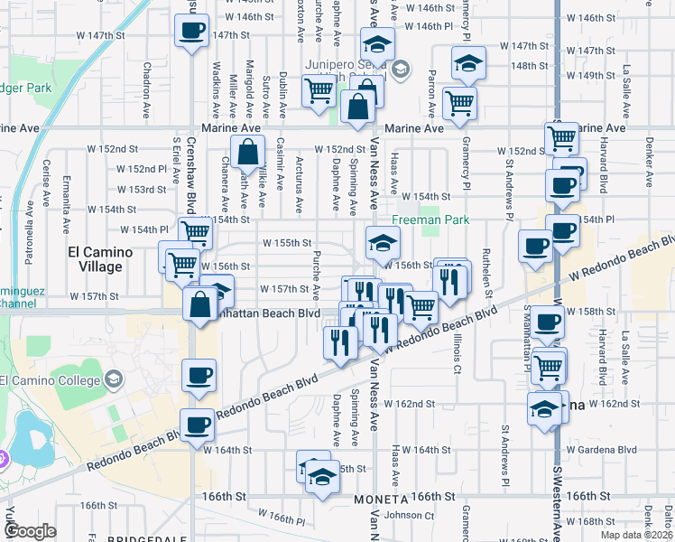 map of restaurants, bars, coffee shops, grocery stores, and more near 2322 West 156th Street in Gardena