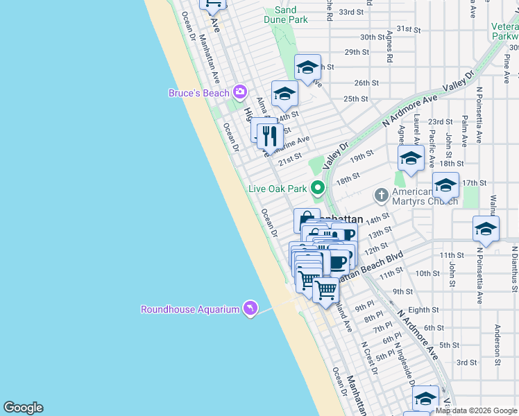 map of restaurants, bars, coffee shops, grocery stores, and more near 1808 The Strand in Manhattan Beach