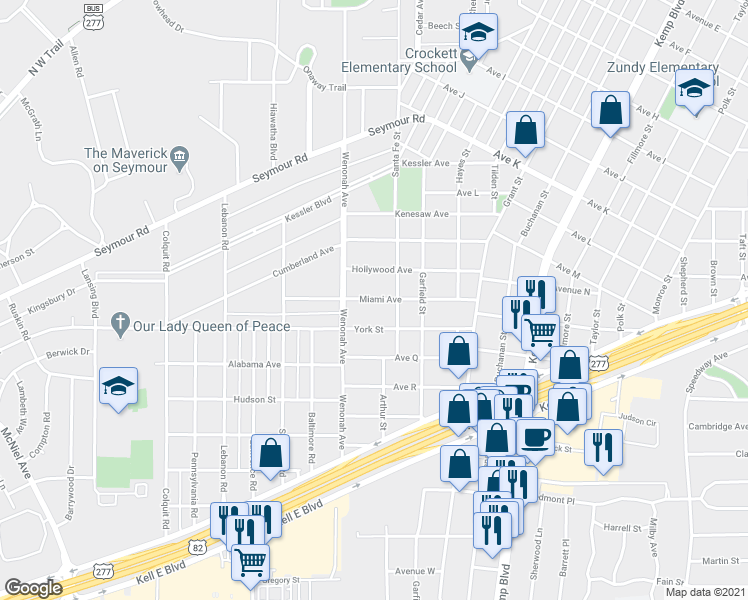 map of restaurants, bars, coffee shops, grocery stores, and more near 3211 Miami Avenue in Wichita Falls