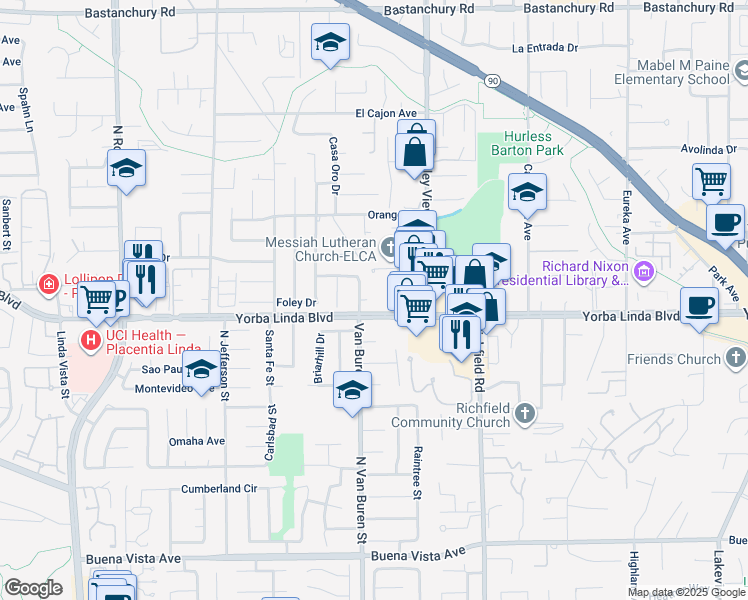 map of restaurants, bars, coffee shops, grocery stores, and more near 4942 Van Buren Street in Yorba Linda