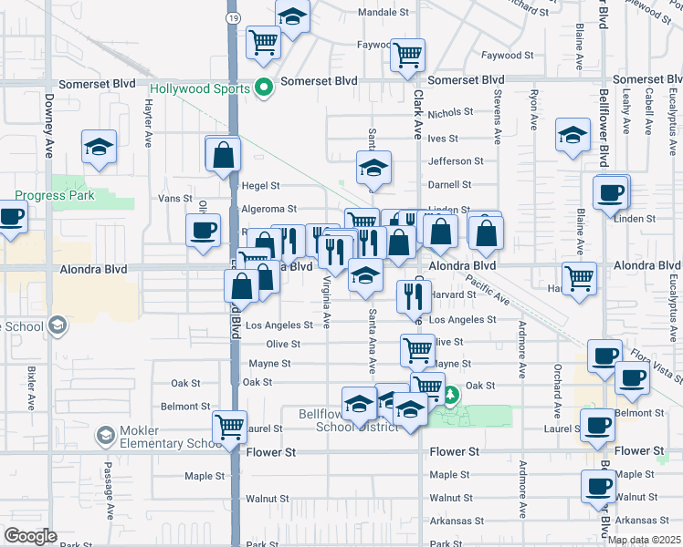 map of restaurants, bars, coffee shops, grocery stores, and more near 9235 Alondra Boulevard in Bellflower