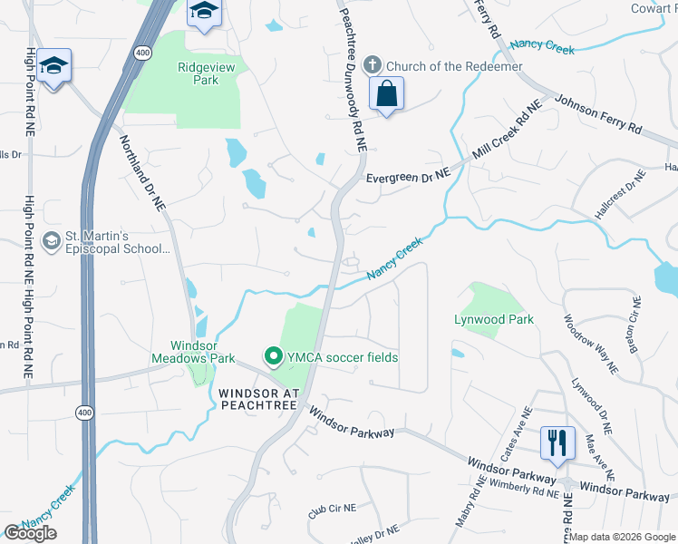 map of restaurants, bars, coffee shops, grocery stores, and more near 1053 Dunroven Drive Northeast in Atlanta