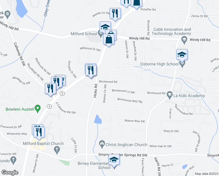 map of restaurants, bars, coffee shops, grocery stores, and more near 768 Birchwood Lane in Marietta