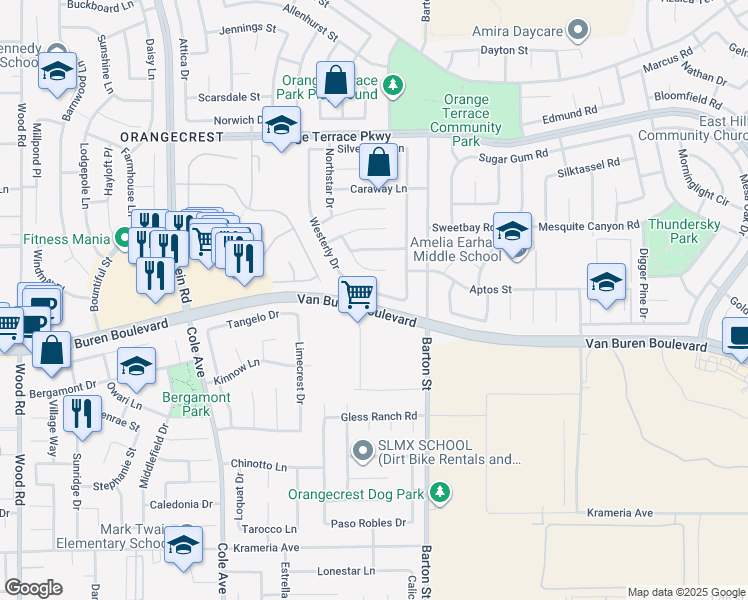 map of restaurants, bars, coffee shops, grocery stores, and more near 19963 Westerly Drive in Riverside