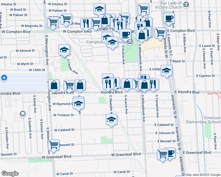 map of restaurants, bars, coffee shops, grocery stores, and more near 399 West Cocoa Street in Compton