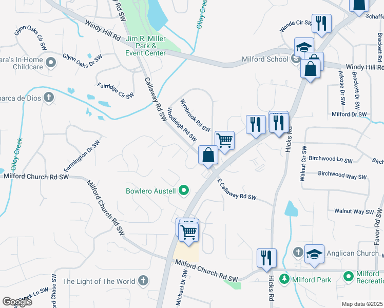 map of restaurants, bars, coffee shops, grocery stores, and more near 2653 Windage Drive Southwest in Marietta