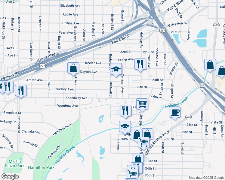 map of restaurants, bars, coffee shops, grocery stores, and more near 2406 Bridwell Street in Wichita Falls