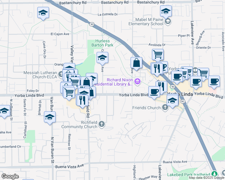 map of restaurants, bars, coffee shops, grocery stores, and more near 4980 Woodcrest Drive in Yorba Linda