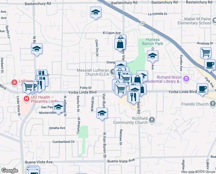 map of restaurants, bars, coffee shops, grocery stores, and more near 4942 Van Buren Street in Yorba Linda