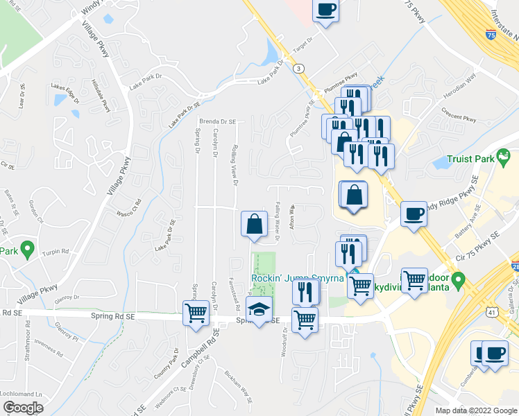 map of restaurants, bars, coffee shops, grocery stores, and more near 1350 Overlook Cove Southeast in Smyrna