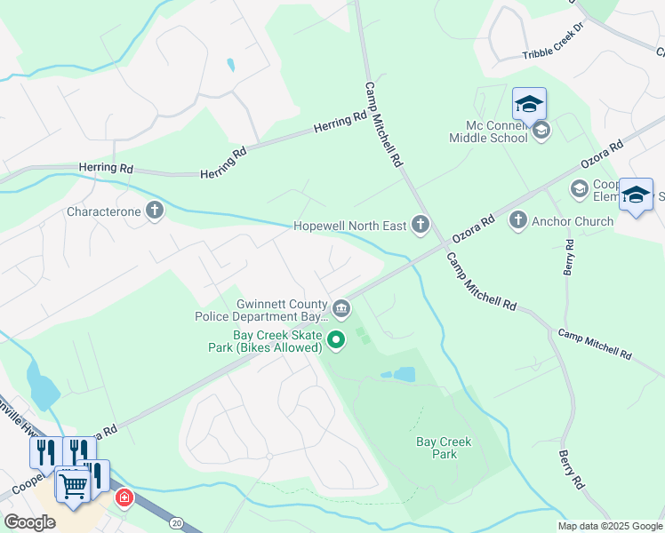 map of restaurants, bars, coffee shops, grocery stores, and more near 2582 Corey Park Drive in Loganville