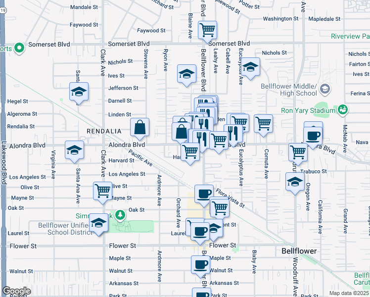 map of restaurants, bars, coffee shops, grocery stores, and more near 9727 Alondra Boulevard in Bellflower