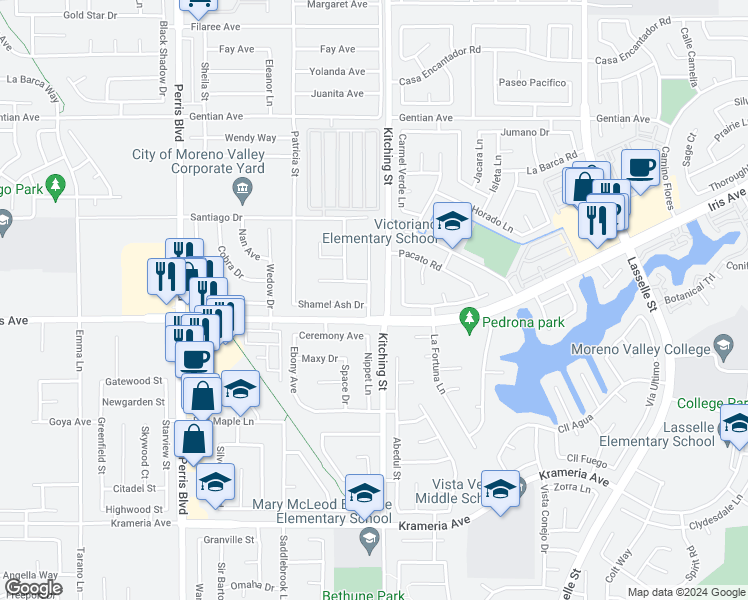 map of restaurants, bars, coffee shops, grocery stores, and more near 15780 Bluechip Circle in Moreno Valley