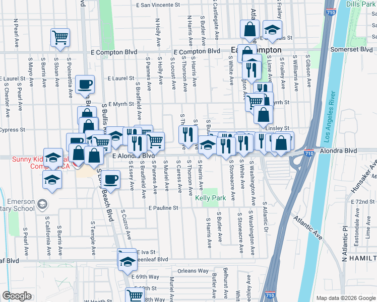 map of restaurants, bars, coffee shops, grocery stores, and more near 2201 East Alondra Boulevard in Compton