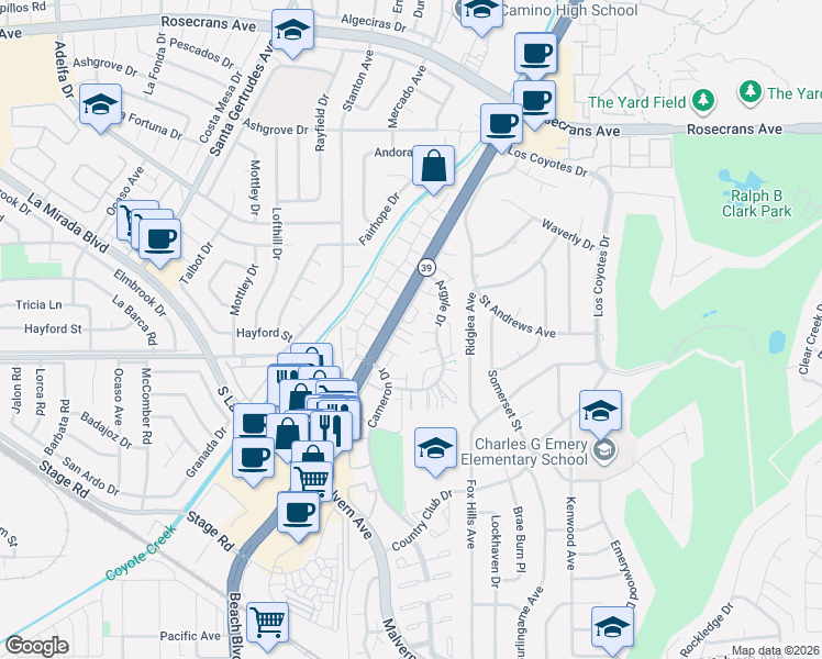 map of restaurants, bars, coffee shops, grocery stores, and more near 4902 Beach Boulevard in Buena Park