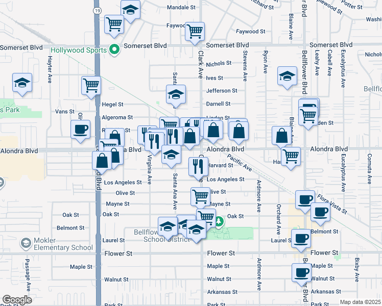 map of restaurants, bars, coffee shops, grocery stores, and more near 9319 Alondra Boulevard in Bellflower