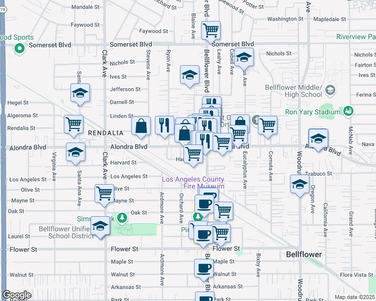 map of restaurants, bars, coffee shops, grocery stores, and more near 9712 Alondra Boulevard in Bellflower