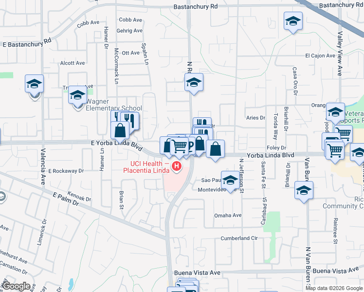 map of restaurants, bars, coffee shops, grocery stores, and more near 4942 Gem Lane in Yorba Linda