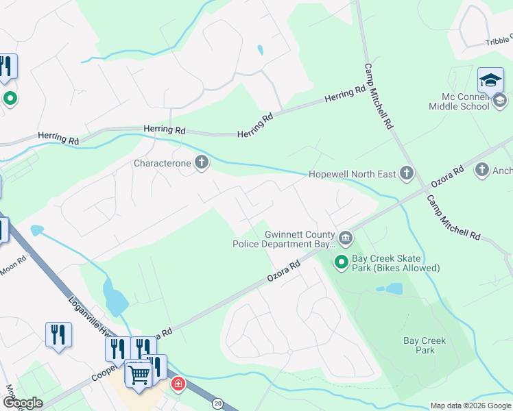 map of restaurants, bars, coffee shops, grocery stores, and more near 2447 Misty Rose Lane in Loganville