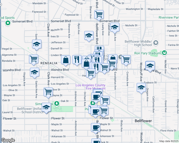 map of restaurants, bars, coffee shops, grocery stores, and more near 9724 Alondra Boulevard in Bellflower